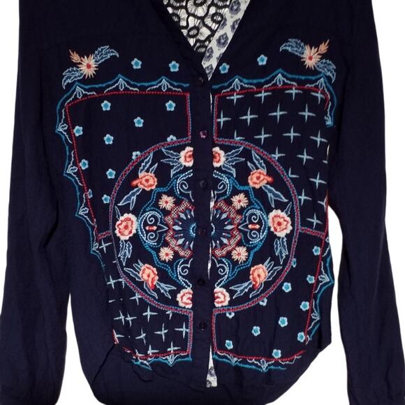 Desigual Womens Embroidered Button Up Top Long Sleeve Cut Out XS - Picture 2 of 5